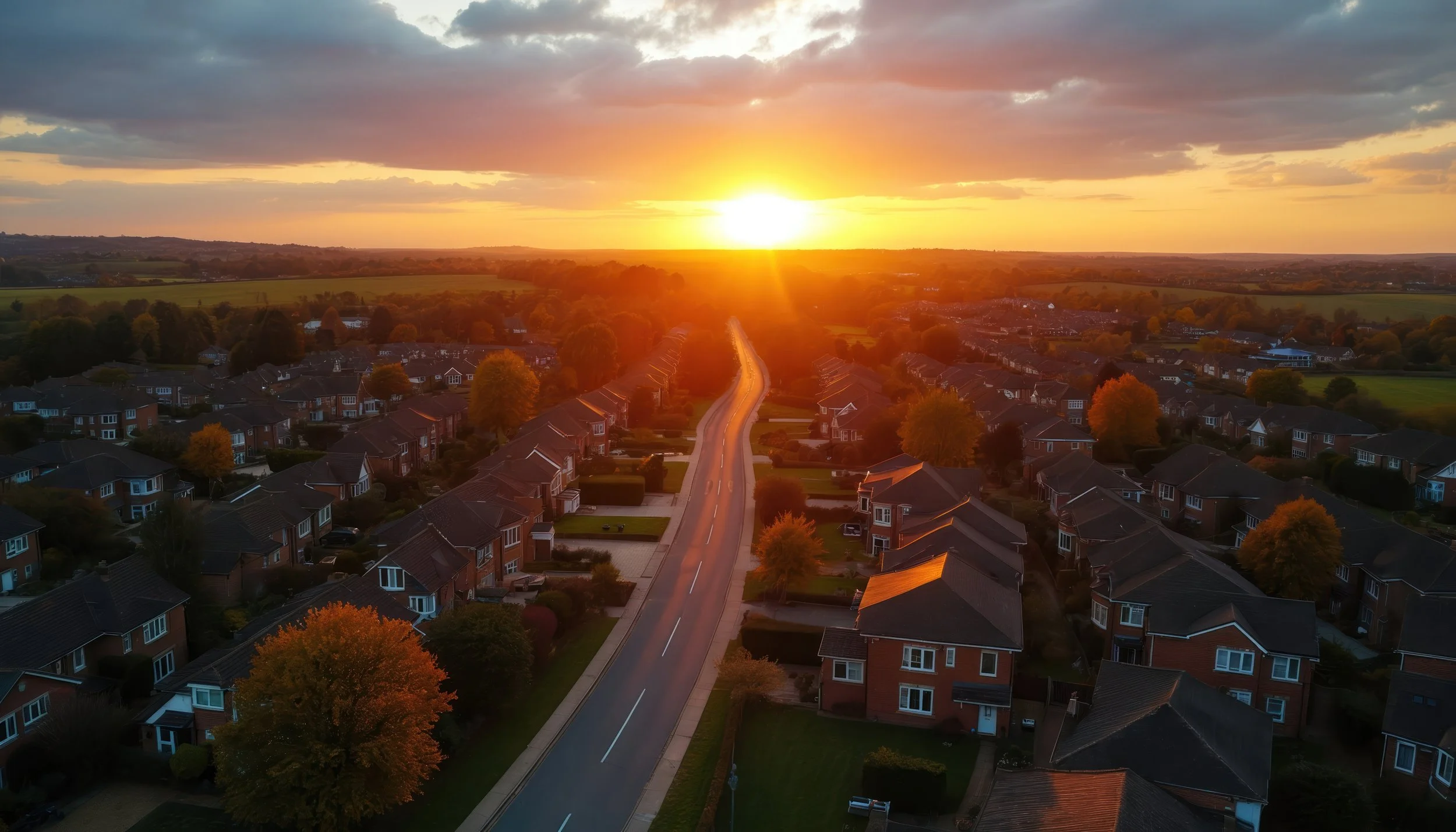 Aerial view of a suburban neighborhood at sunset with a winding road, numerous houses, and trees with fall foliage.