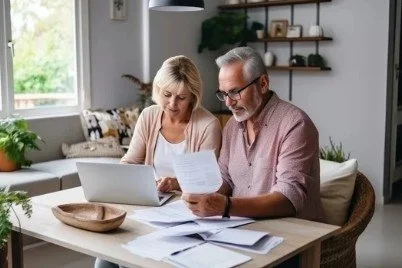 An older couple reviewing documents at a table in a cozy, well-lit living room.