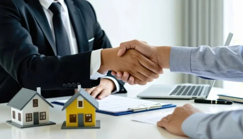 Two people shaking hands across a desk, with model houses, documents, and a laptop on the desk, indicating a real estate or business agreement.