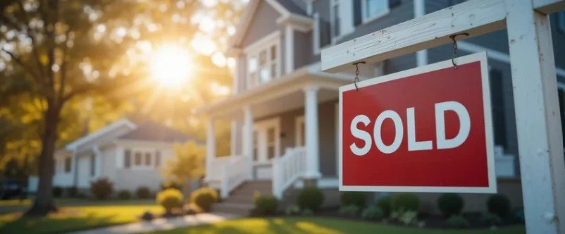 A red sold sign hangs in front of a white house with a porch, with a tree and sunlight in the background.