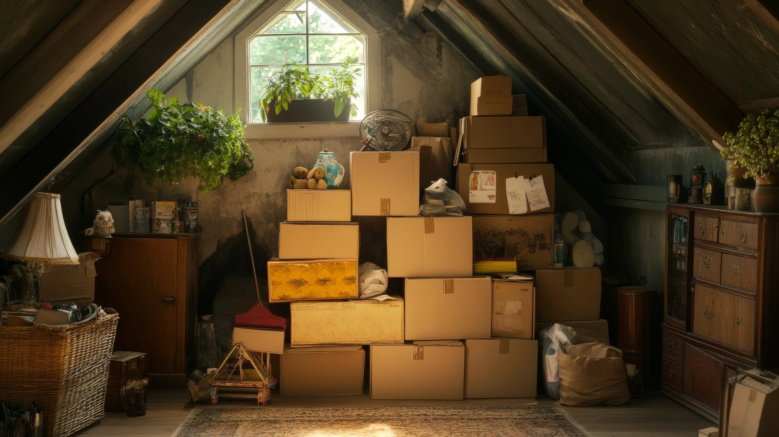 Attic with a window, stacked cardboard boxes, potted plants, and vintage furniture.