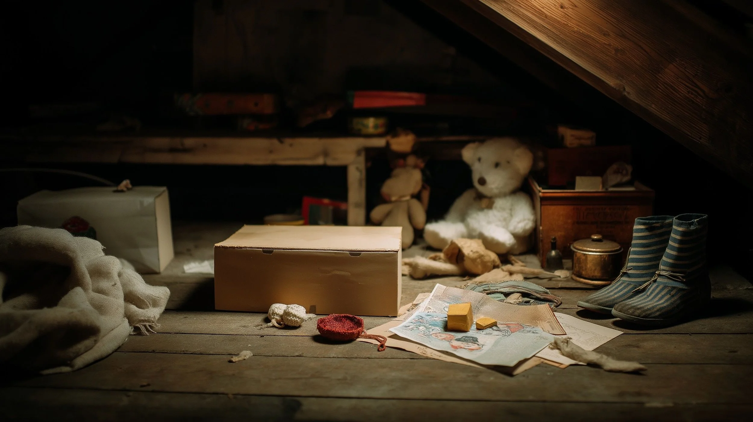 A cozy attic scene with stuffed animals, old papers, a wooden box, shoes, and a tissue box on a wooden floor