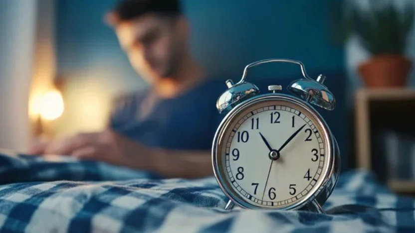 A silver alarm clock showing 10:10, placed on a bed with blue and white checkered bedding, with a person blurred in the background.