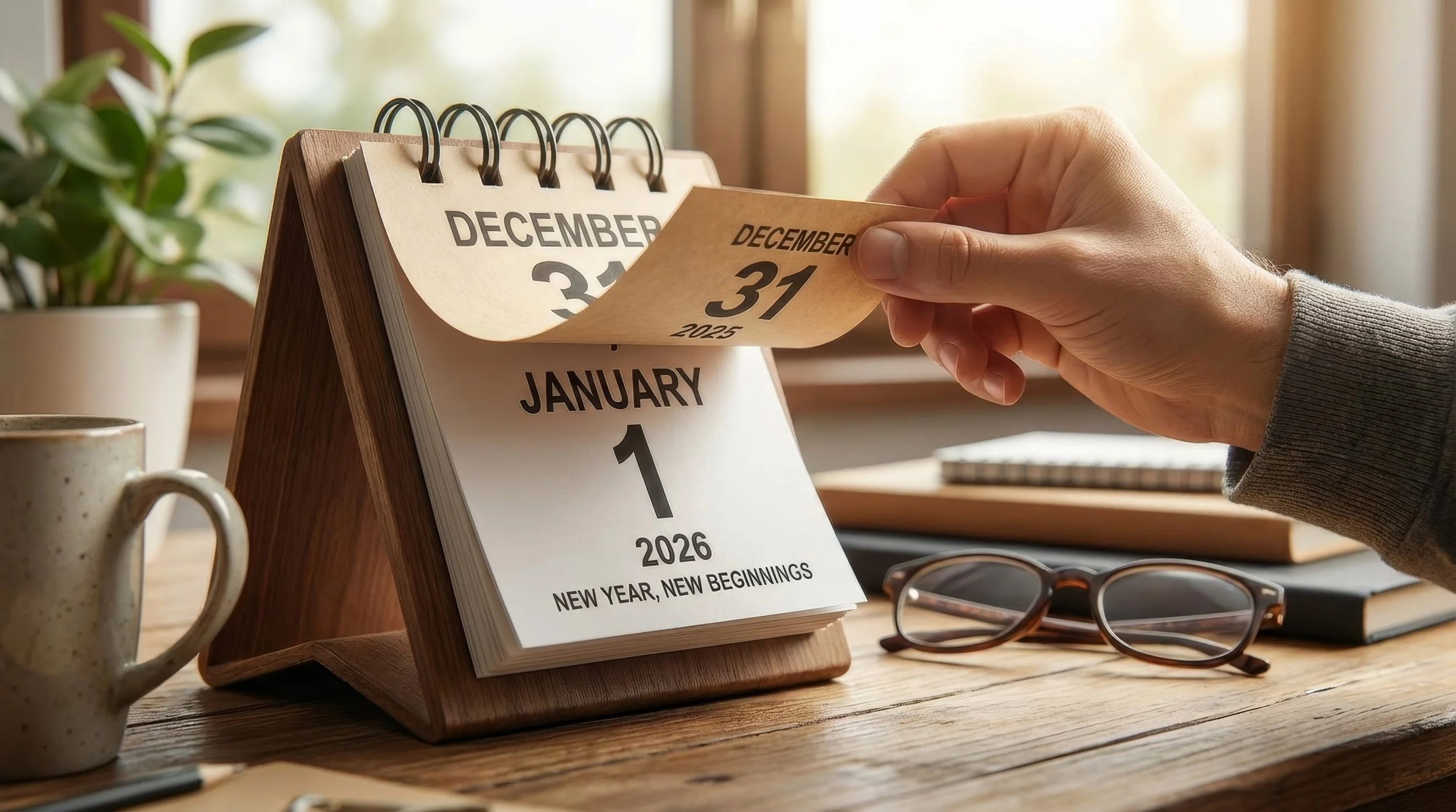 Person flipping a December 31, 2025, calendar page to reveal January 1, 2026, on a wooden desk with a cup, glasses, and a plant in the background.