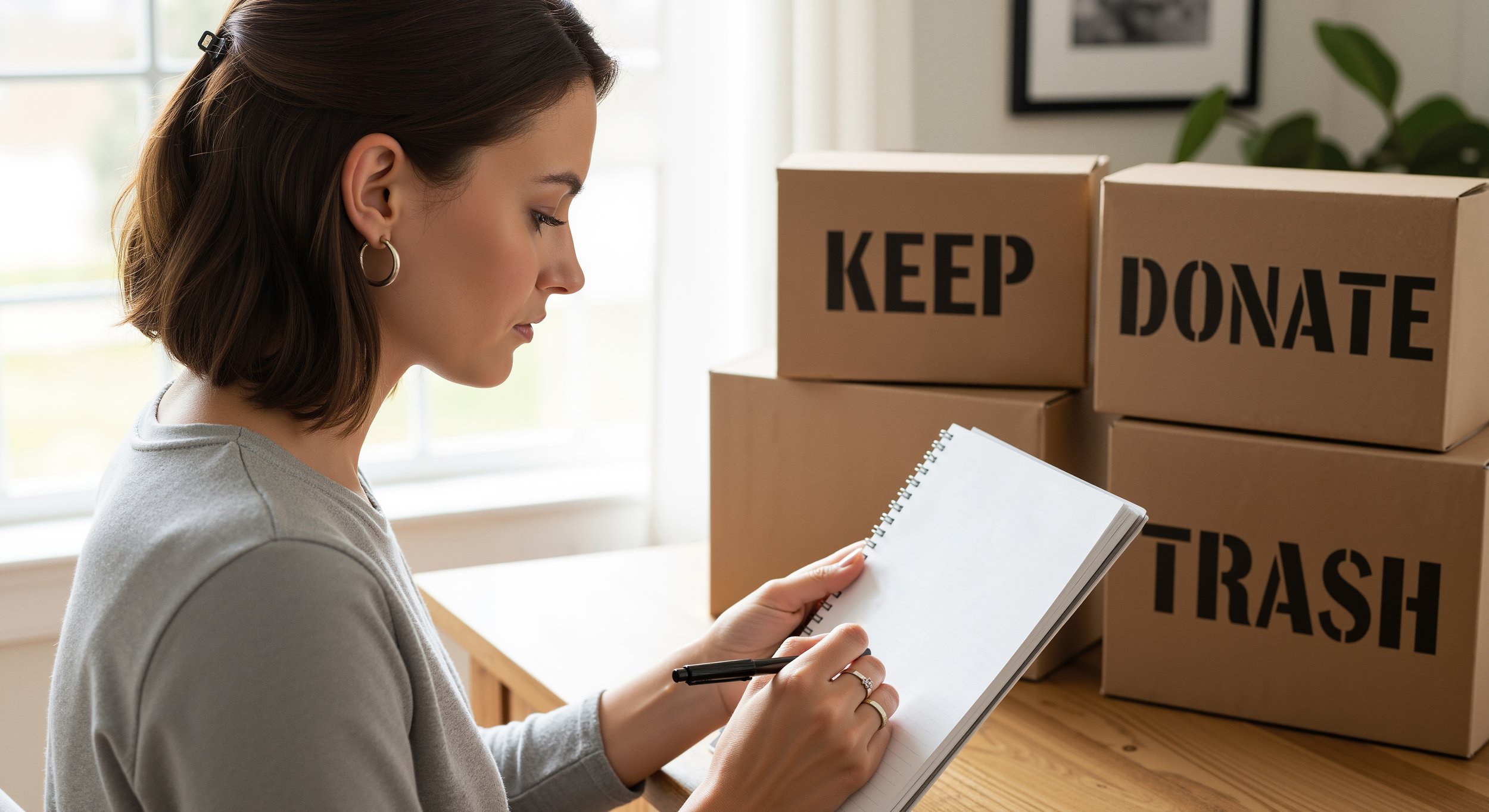 A woman with shoulder-length brown hair wearing a light grey shirt, writing in a notebook with a black pen, standing beside stacked cardboard boxes labeled 'KEEP', 'DONATE', and 'TRASH' in bold black letters, in a room with a window and framed pictures on the wall.