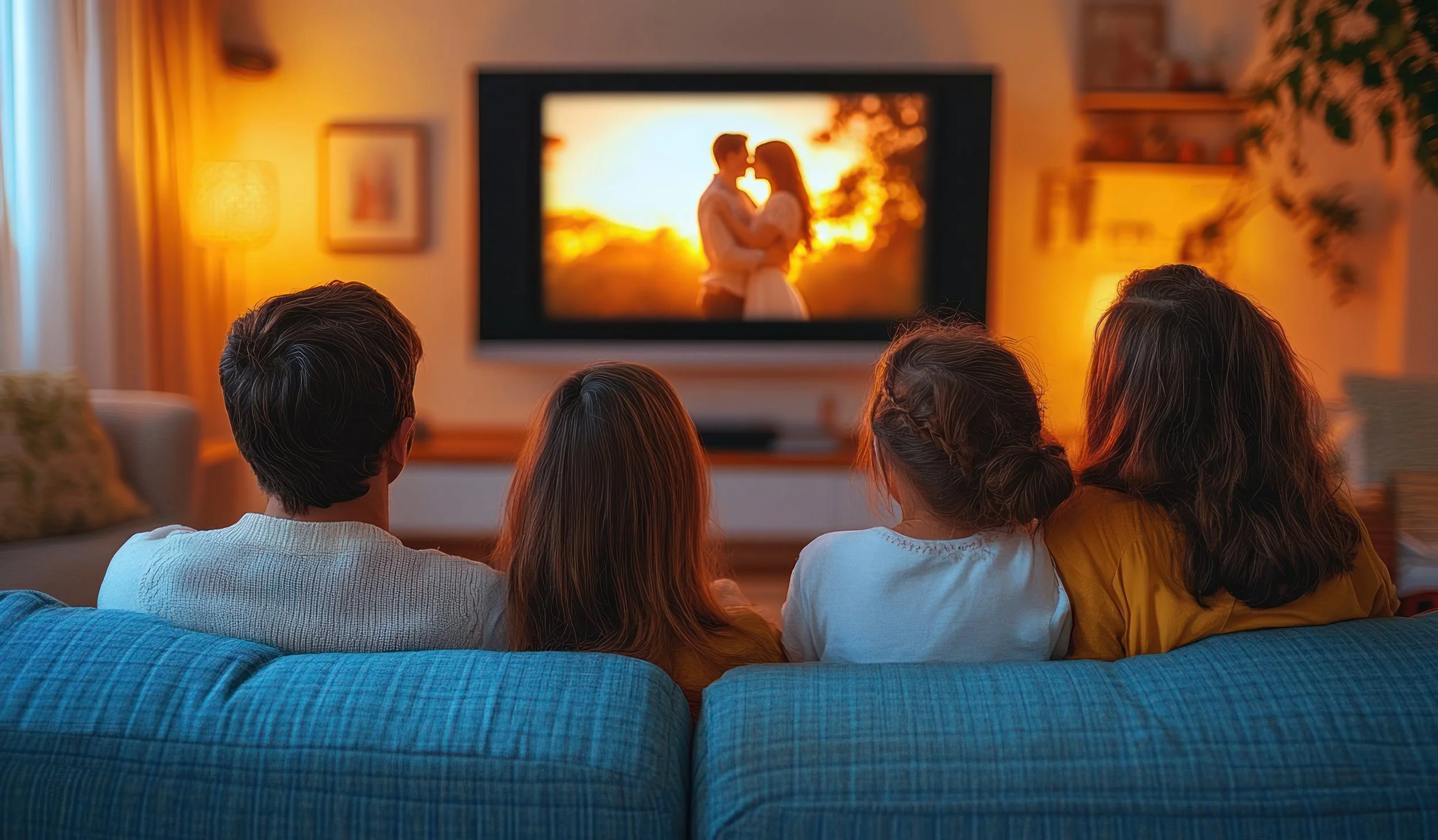 A family of four sitting on a blue couch watching TV with a romantic scene of couple kissing on the screen during sunset.
