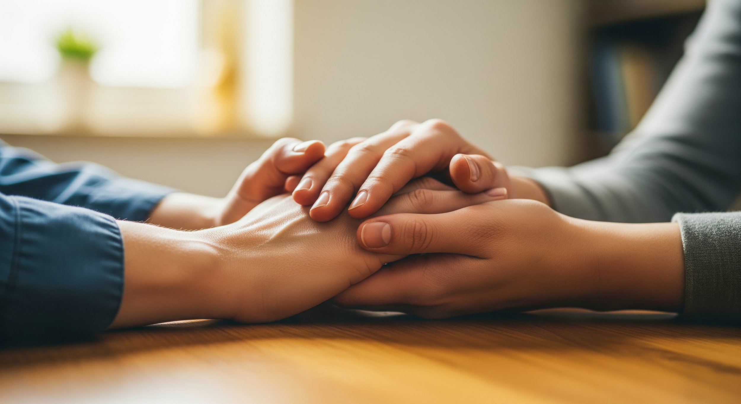 Two people holding hands in a comforting gesture over a wooden table.