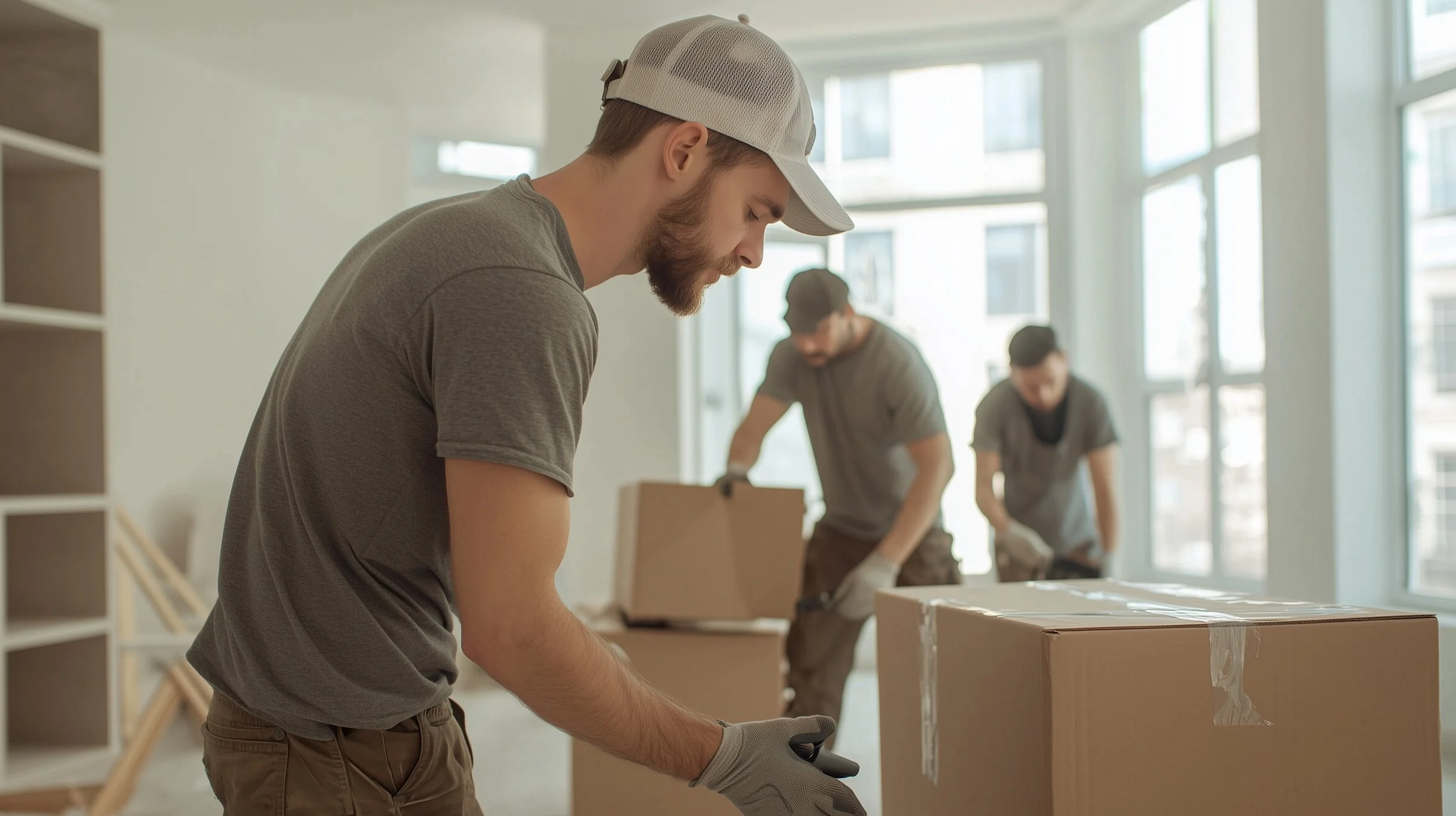 Three men in casual clothing packing boxes in a bright apartment with large windows.