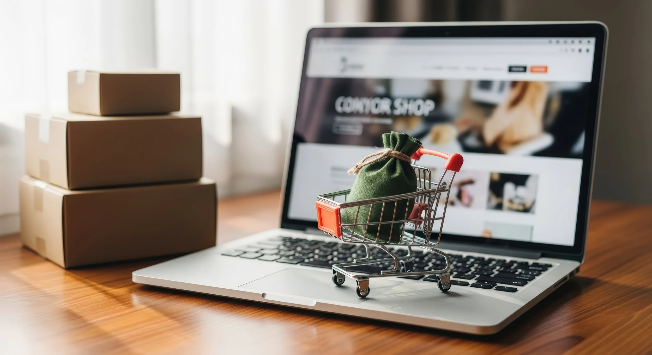 Miniature shopping cart with a green cloth bag inside, placed on a laptop keyboard, with cardboard boxes on the left and a website showing 'CONVEYOR SHOP' on the screen.
