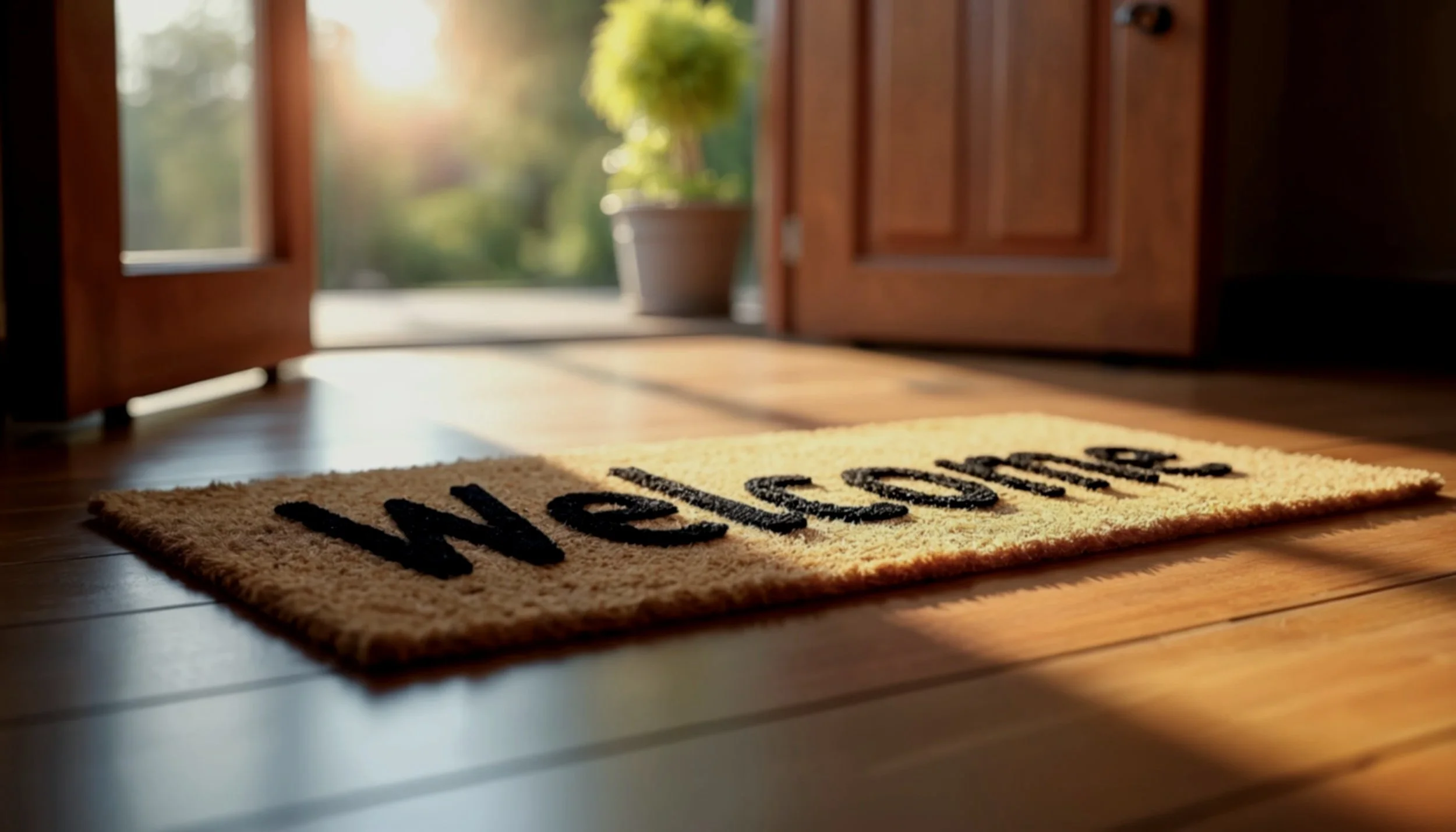Close-up of a beige welcome mat with black text, placed in a doorway with sunlight shining through, a potted plant visible outside.