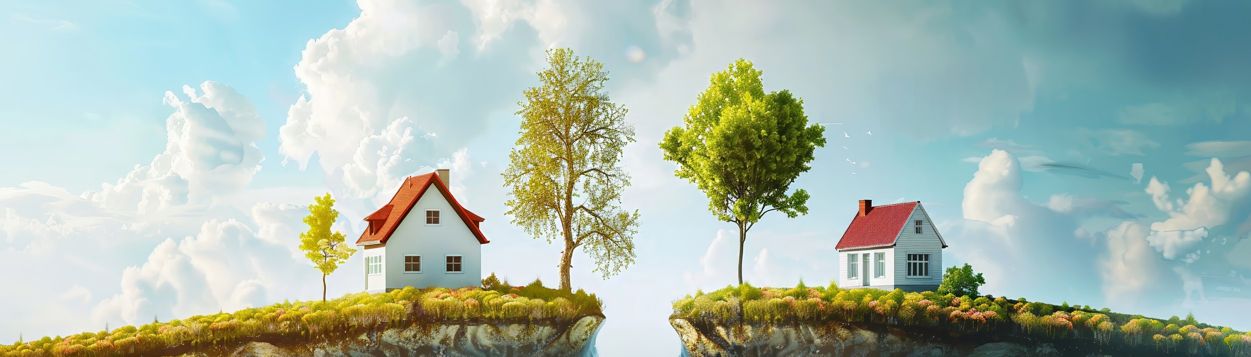 Two floating landmasses with houses and trees, under a sky with clouds.