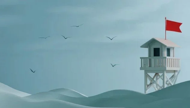 A lighthouse with a red flag on top, surrounded by waves and seagulls flying in the sky.