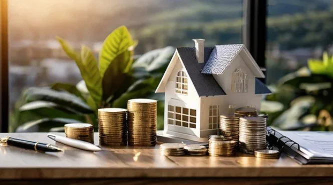 Miniature house model with stacks of coins and a pen, on a desk near a window with greenery outside.