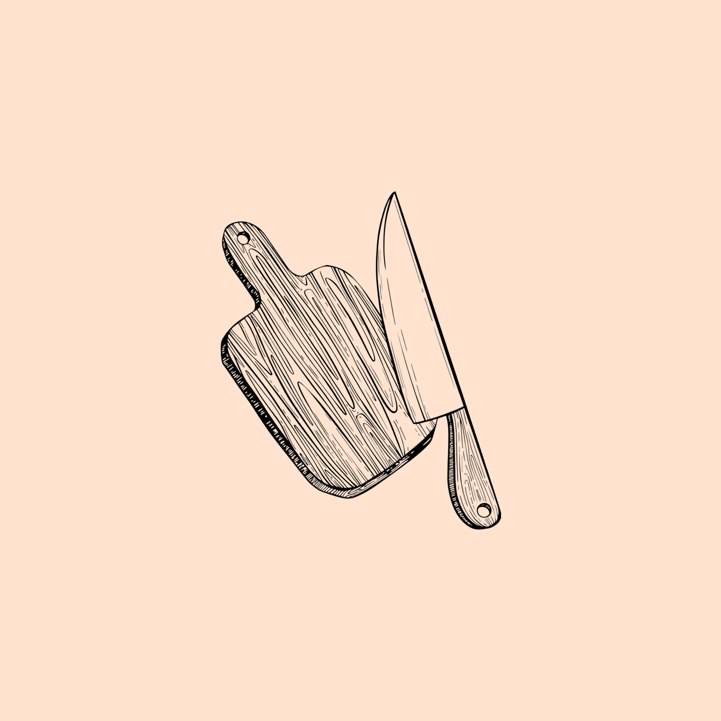 A black line drawing of a hand holding a kitchen knife against a peach-colored background.