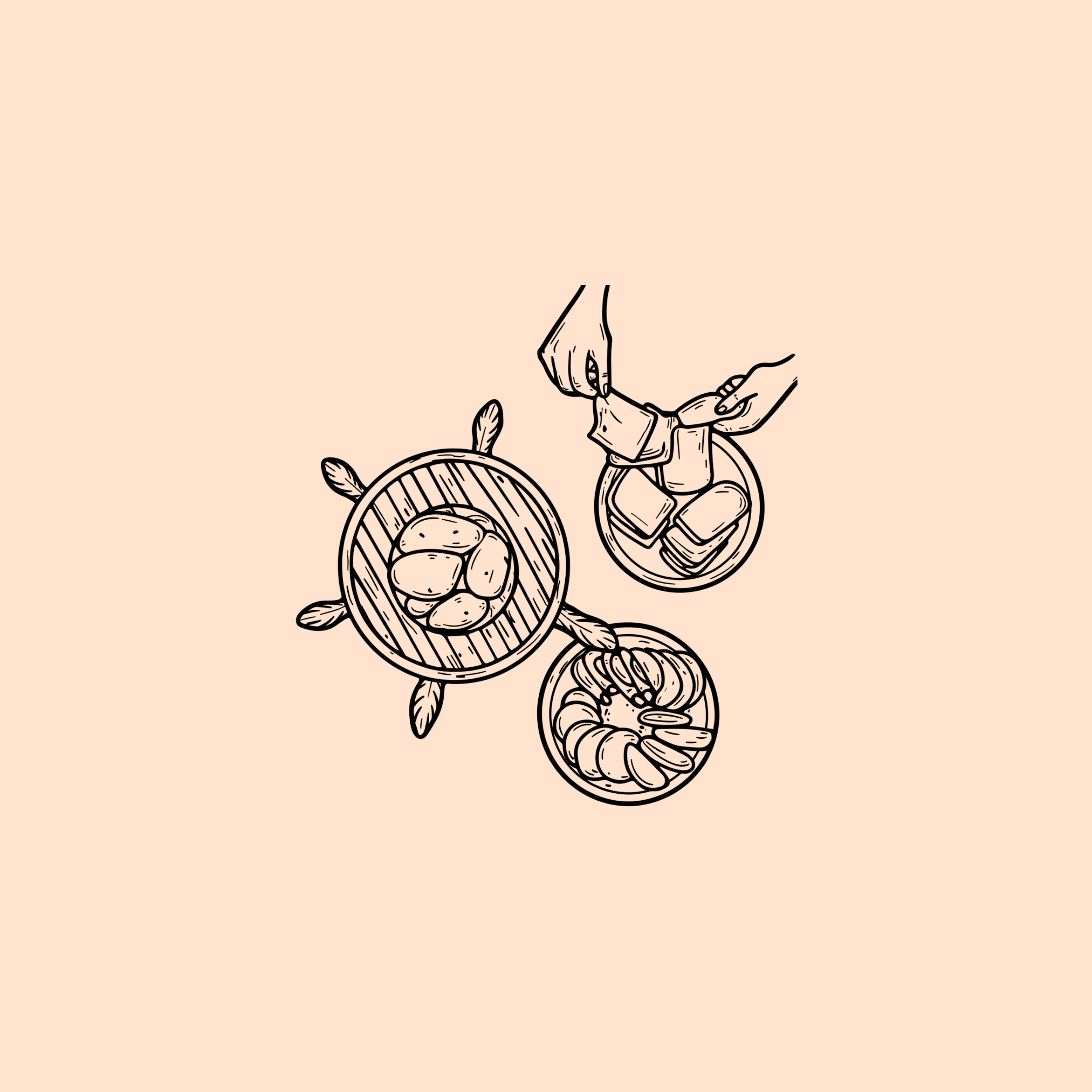Drawing of a hand reaching into a basket filled with potatoes, and another hand holding a potato next to the basket.