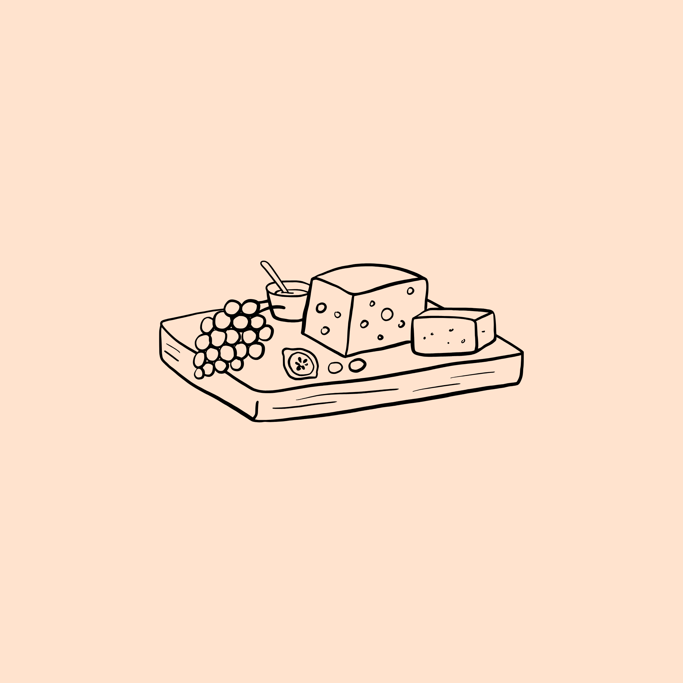 Line drawing of a cheese platter with assorted cheeses, grapes, a small bowl, and a slice of lemon on a wooden tray.