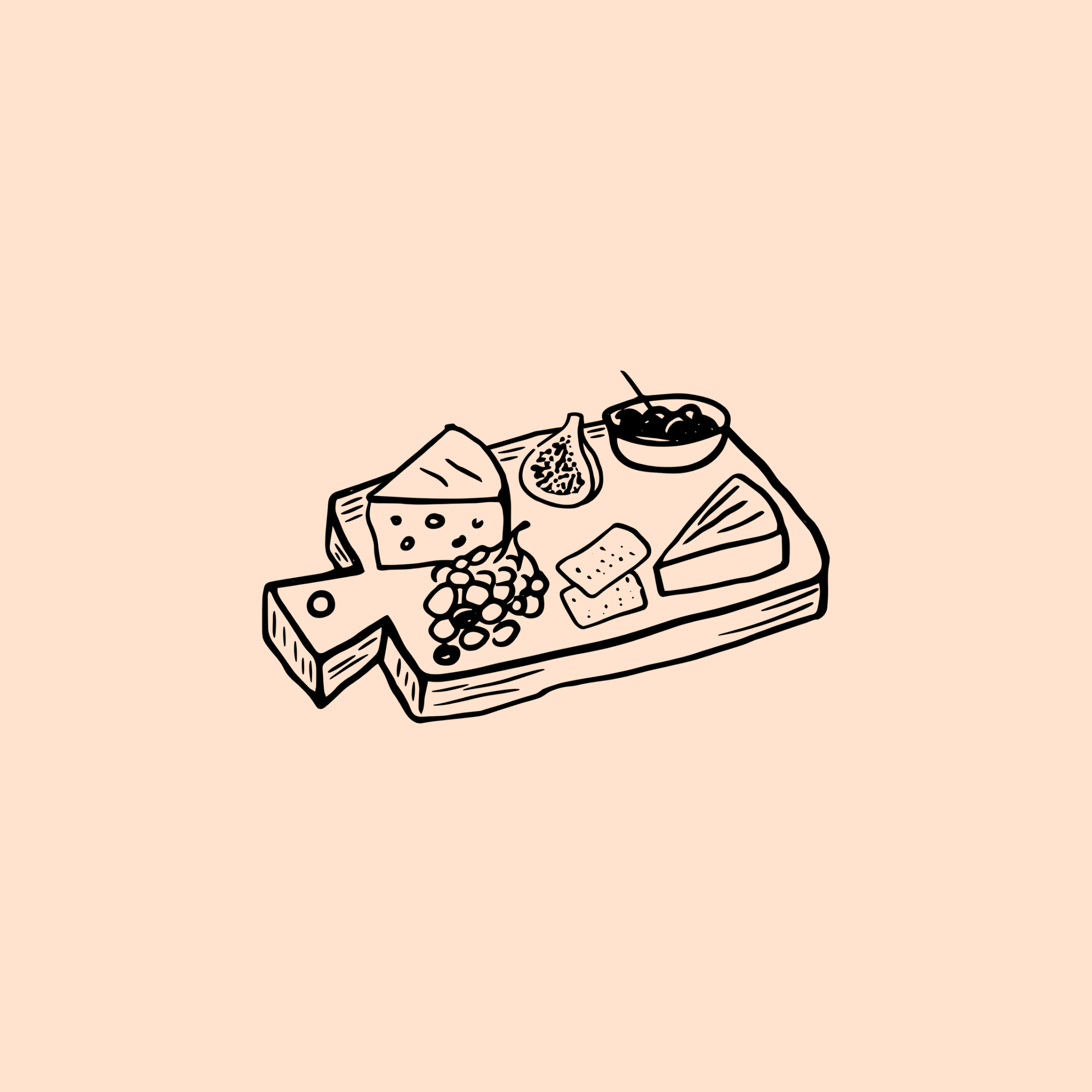 Line art illustration of a cheese board with cheese, grapes, figs, and a bowl of berries, on a pink background.