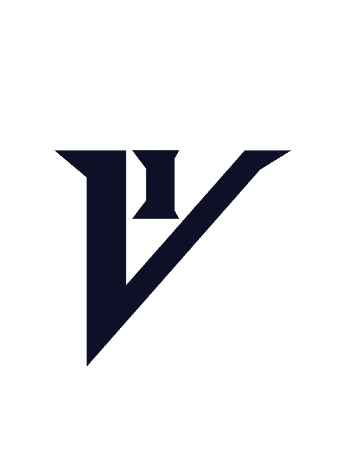 Stylized letter V with a diagonal line crossing it, forming an abstract logo in dark navy blue on a white background.
