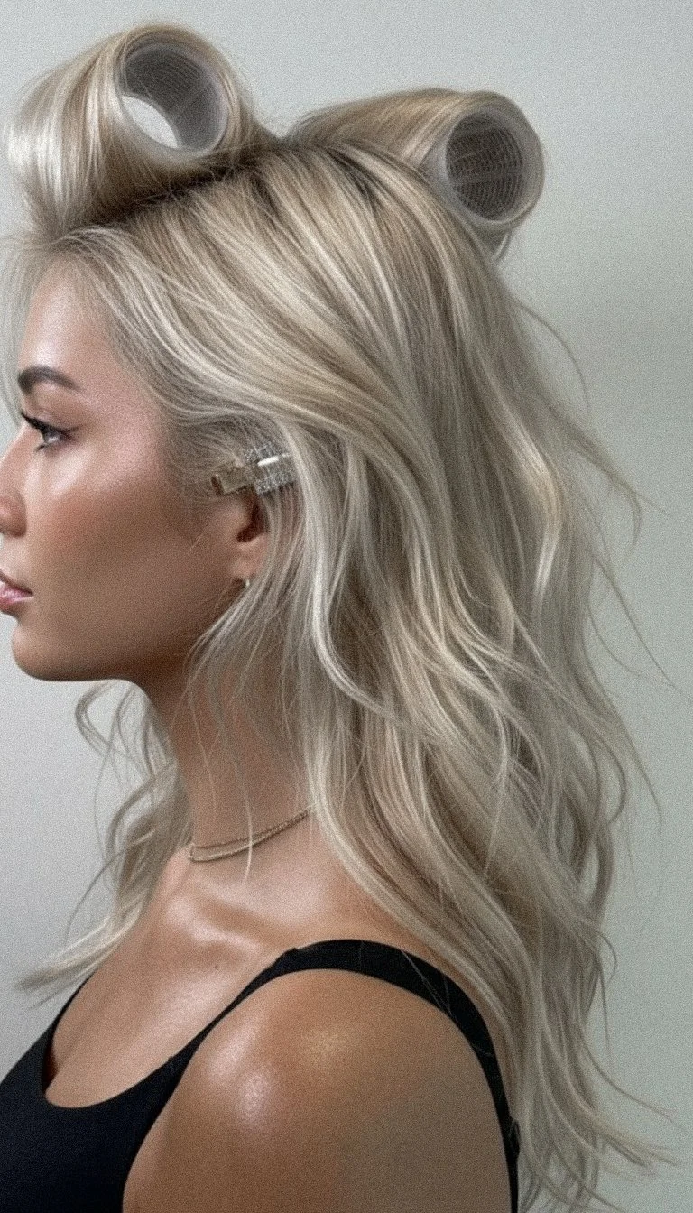 Woman with platinum blonde hair styled in loose waves, hair rollers in her hair, wearing a black tank top, with a hair clip on her ear, and a thin necklace around her neck.