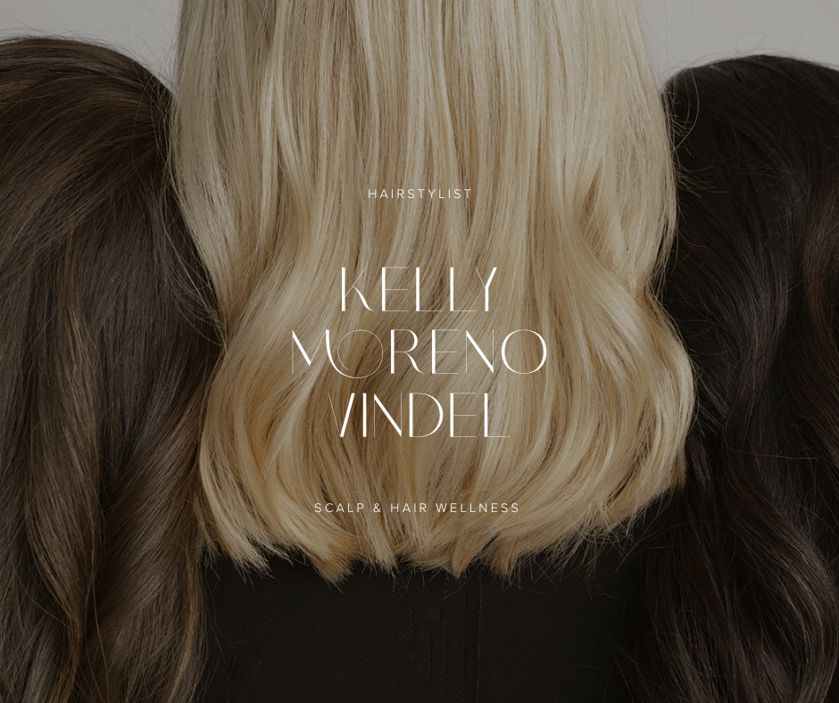 Close-up of three women with different hair colors and styles, with text overlay for Kelly Moreno Vindt, hairstylist specializing in scalp and hair wellness.