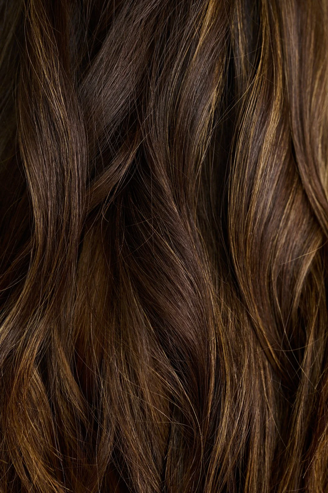 Close-up image of wavy, brown hair with natural highlights.