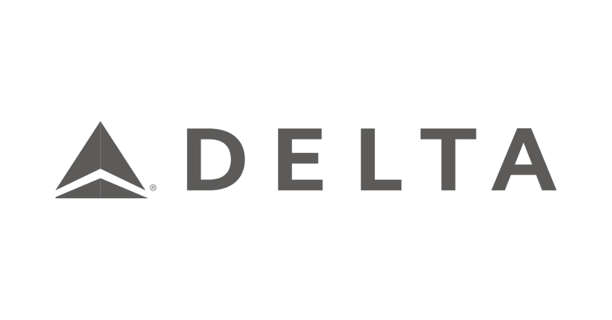 Delta Airlines logo with a stylized triangle and the word "DELTA" in gray letters
