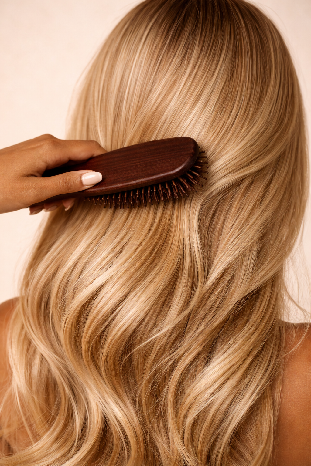 Blonde hair being brushed with a wooden hair brush