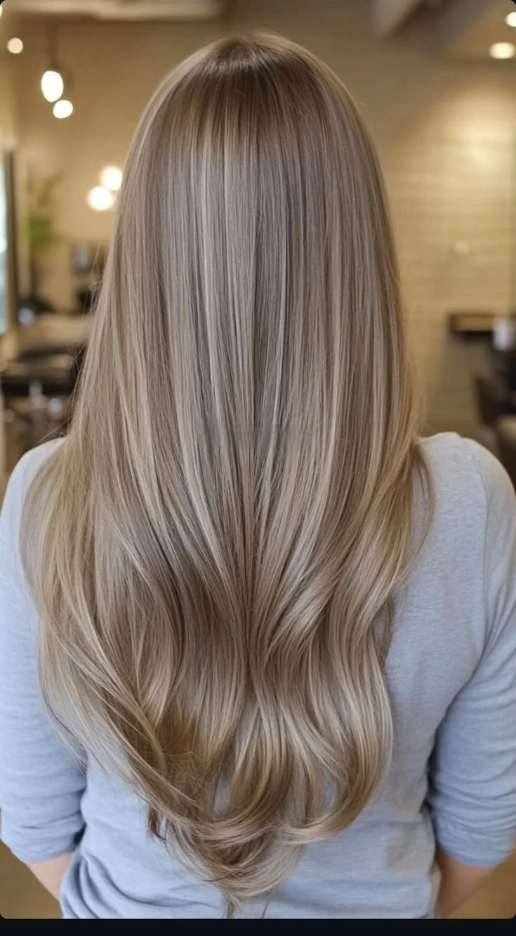 A person with blonde, wavy hair brushing it with a wooden hairbrush.