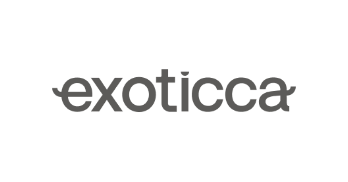 Black background with the words "exoticca" in large, lowercase gray letters