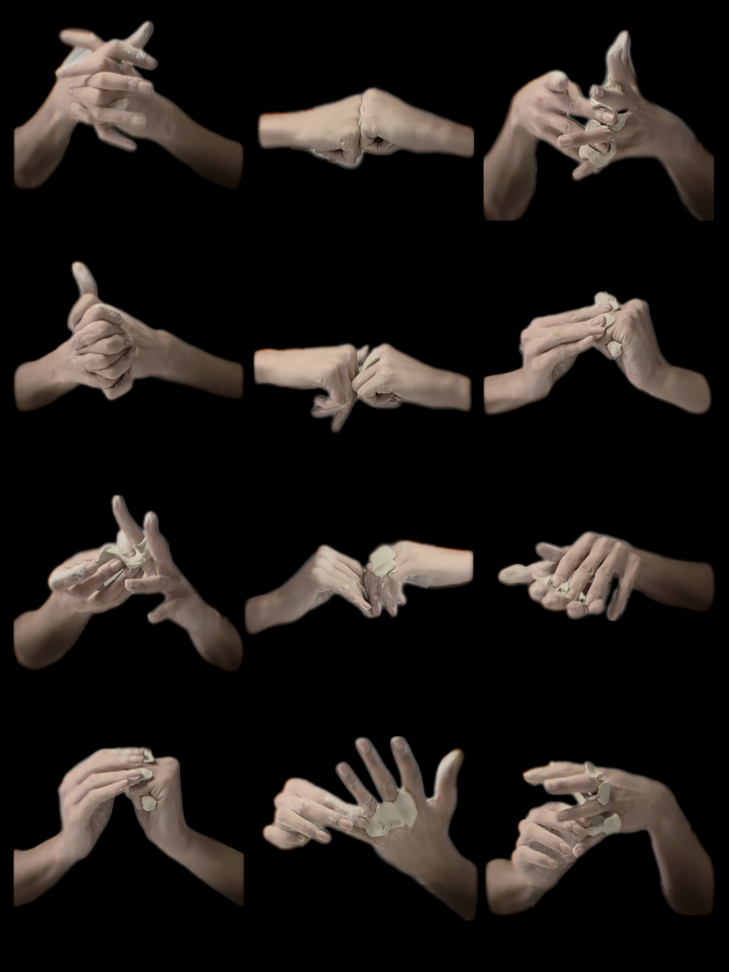 Multiple images of hands interacting with pieces of dough or clay against a black background, showing various gestures and positions.