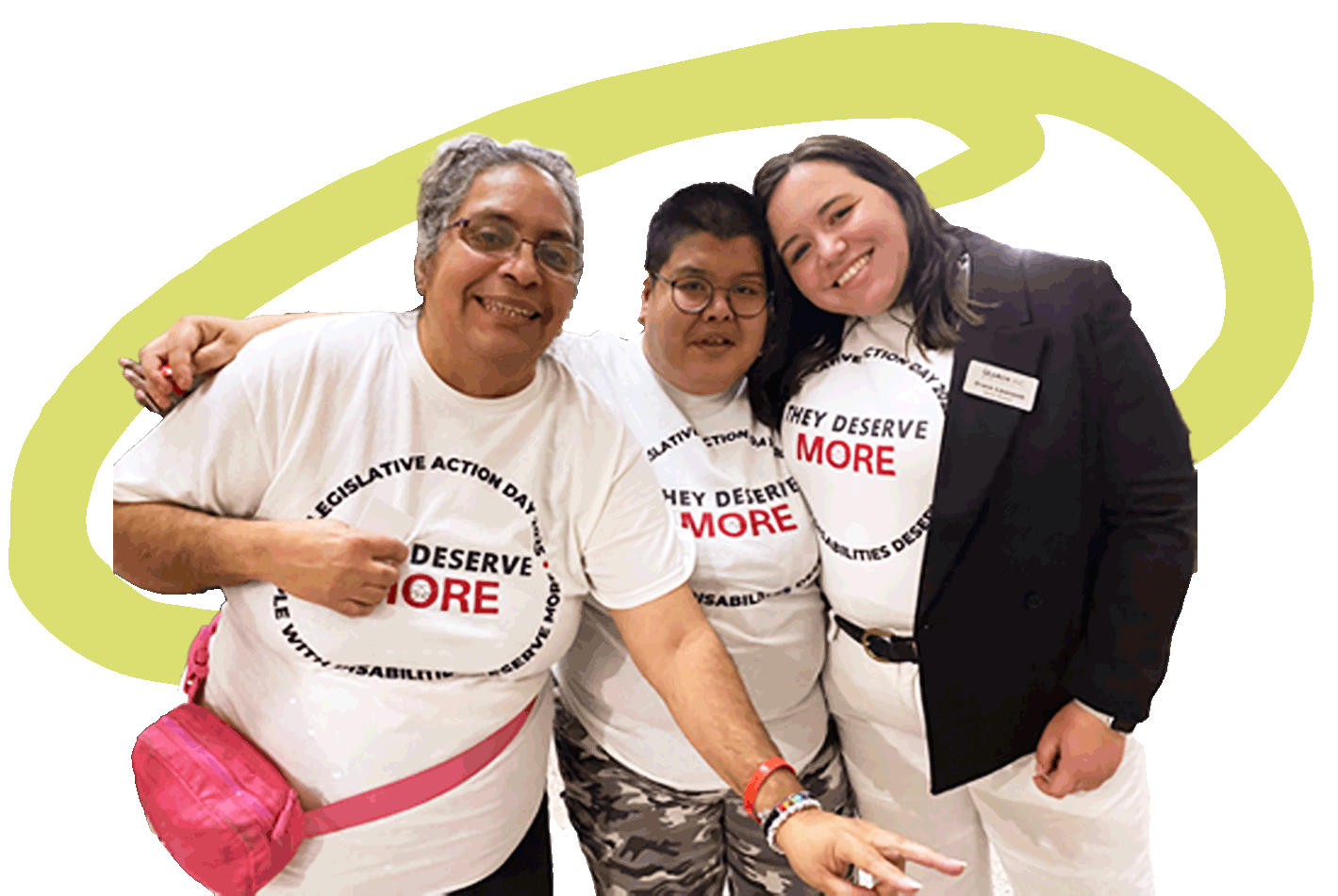 group of three people smiling at camera while advocating for I/DD DSP legislation in Illinois