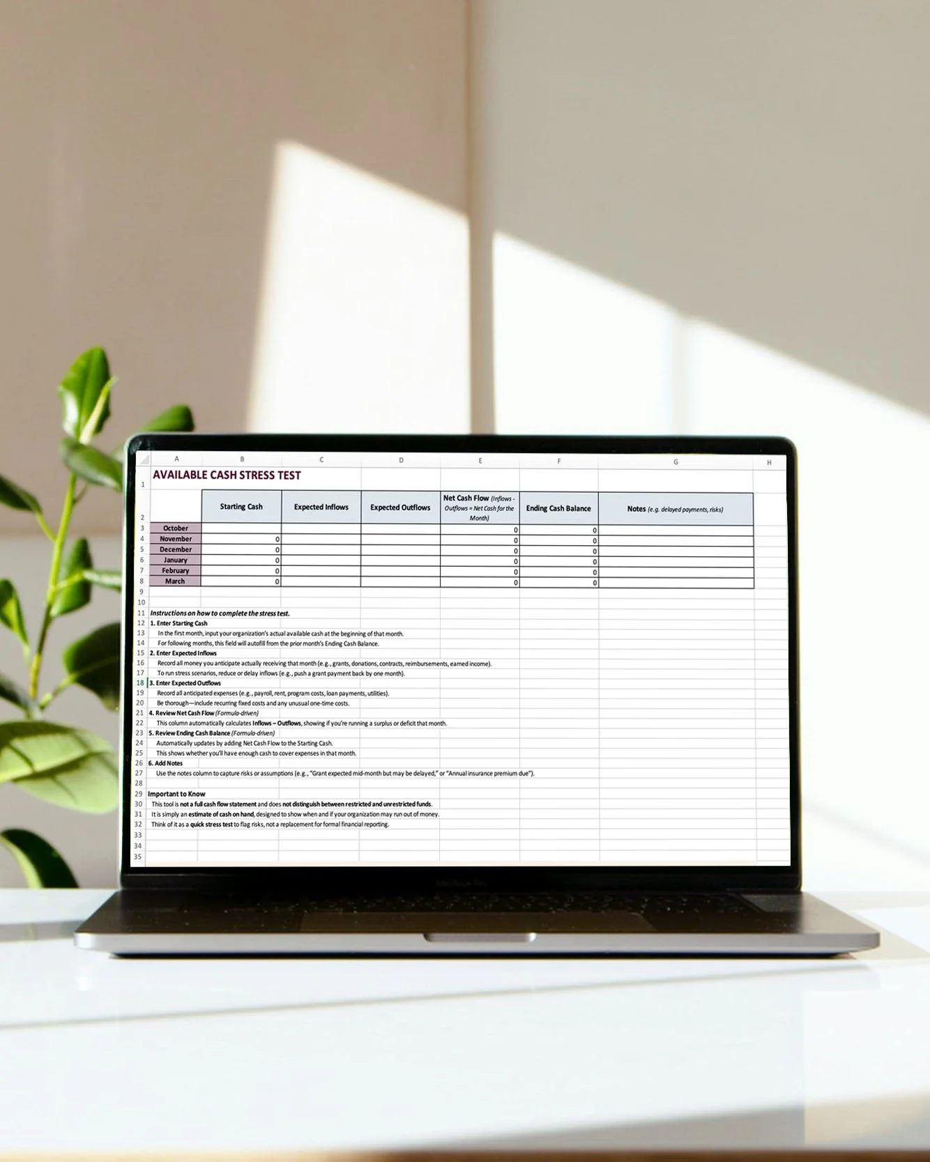 laptop with Nonprofit Available Cash Stress Test Tool on screen