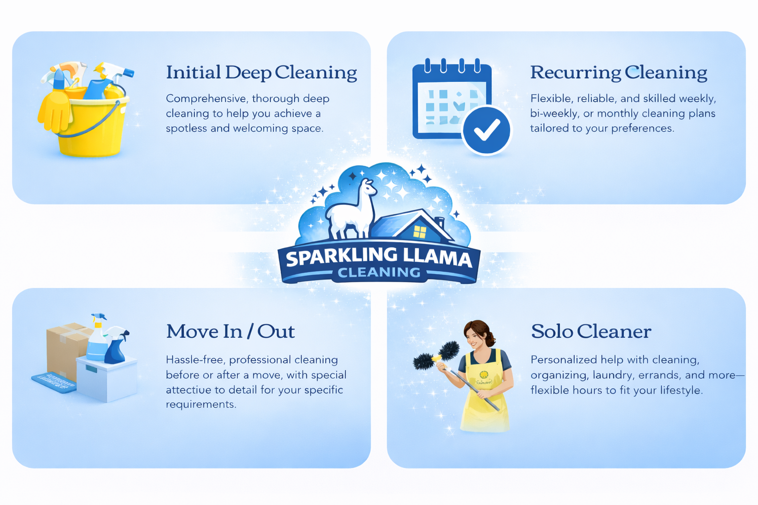 Sparkling Llama Cleaning services flyer showing cleaning options: initial deep cleaning, recurring cleaning, move in/out cleaning, and solo cleaner services, with icons and a woman holding a duster.