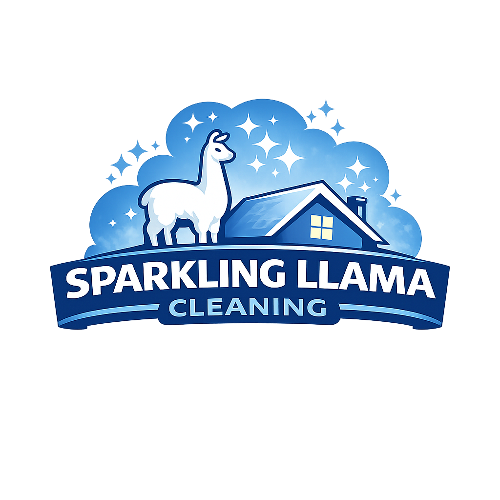 Logo for Sparkling Llama Cleaning featuring a white llama standing next to a house with a chimney, surrounded by sparkles and clouds in shades of blue.