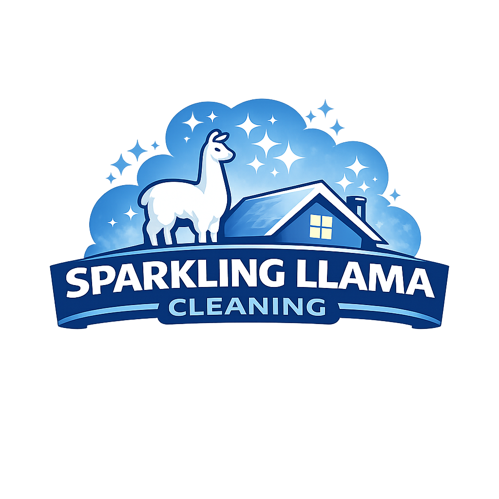 Logo for Sparkling Llama Cleaning featuring a white llama standing in front of a house with smoke coming out of the chimney, surrounded by sparkling stars, with the company name in bold white and blue letters.