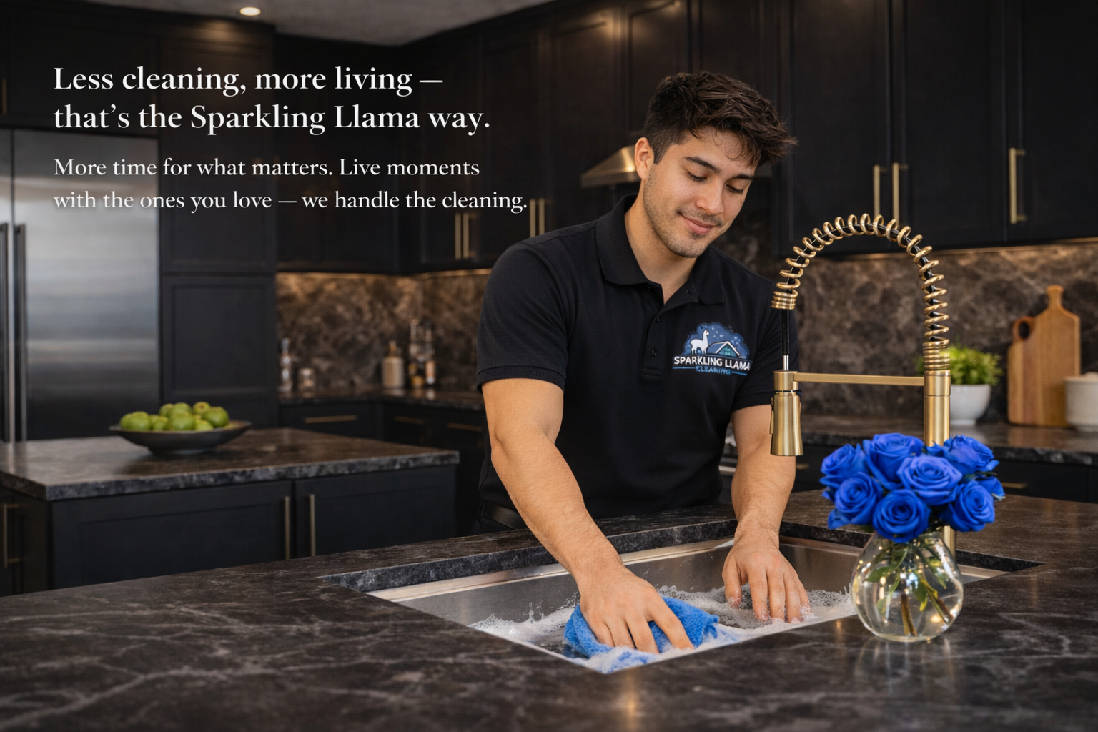 A man in a black polo shirt with a Sparkling Llama logo washes dishes in a modern kitchen sink with a gold faucet. The kitchen has dark cabinets, a marble countertop, a glass bowl of blue roses, and a bowl of green apples.