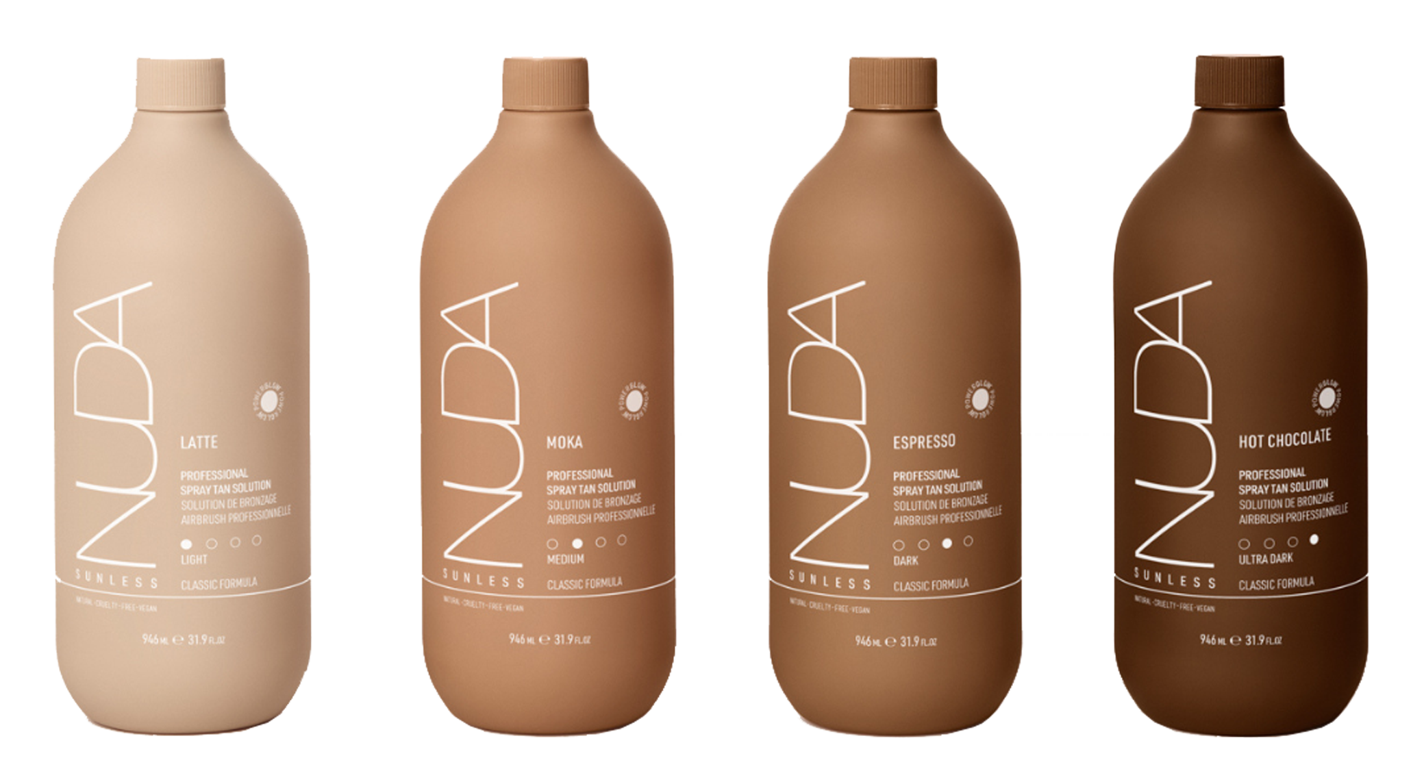 Four bottles of spray tan solution labeled Latte, Moka, Espresso, and Hot Chocolate, arranged in a row with varying shades from light to dark.