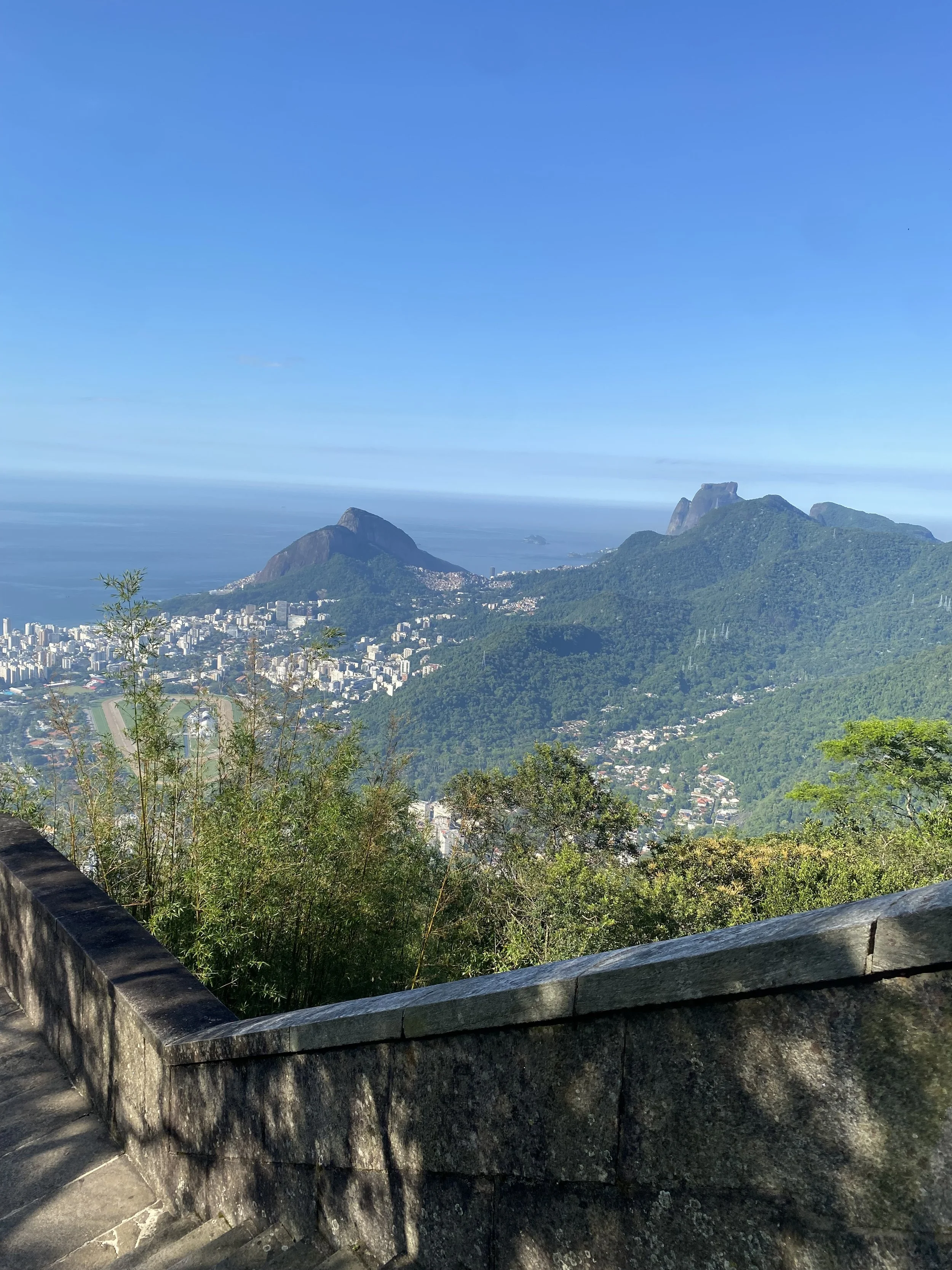 Scenic view of Rio de Janeiro with mountains, city buildings, and the ocean in the background, taken from a high vantage point.