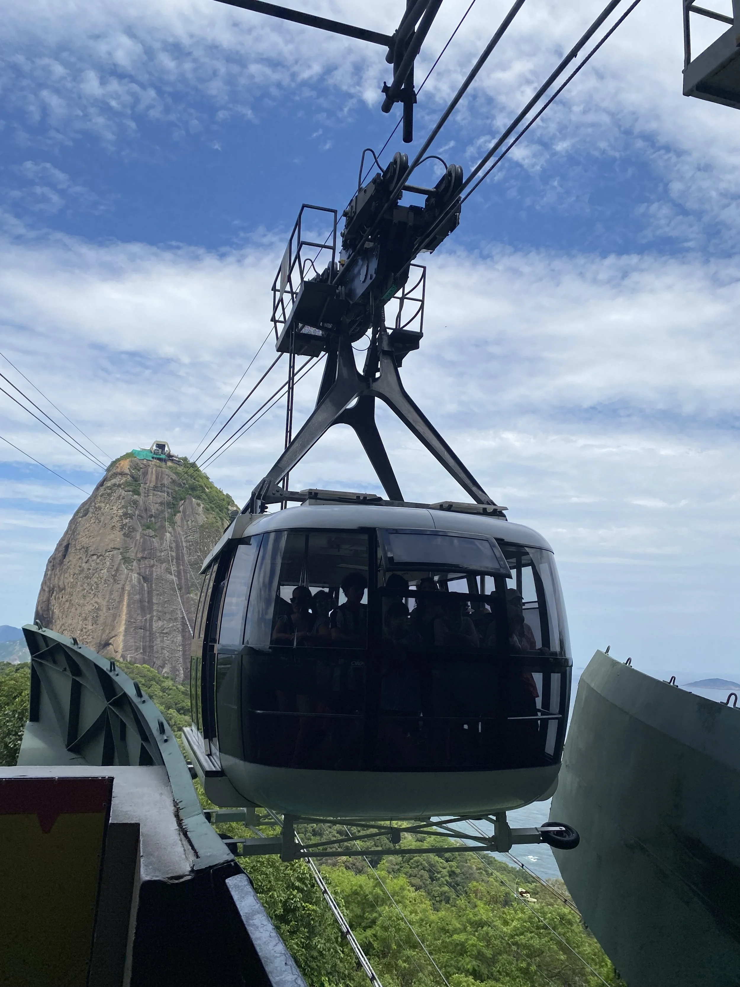 A cable car suspended in the air with a view of Sugarloaf Mountain and lush green landscape in Rio de Janeiro, Brazil.