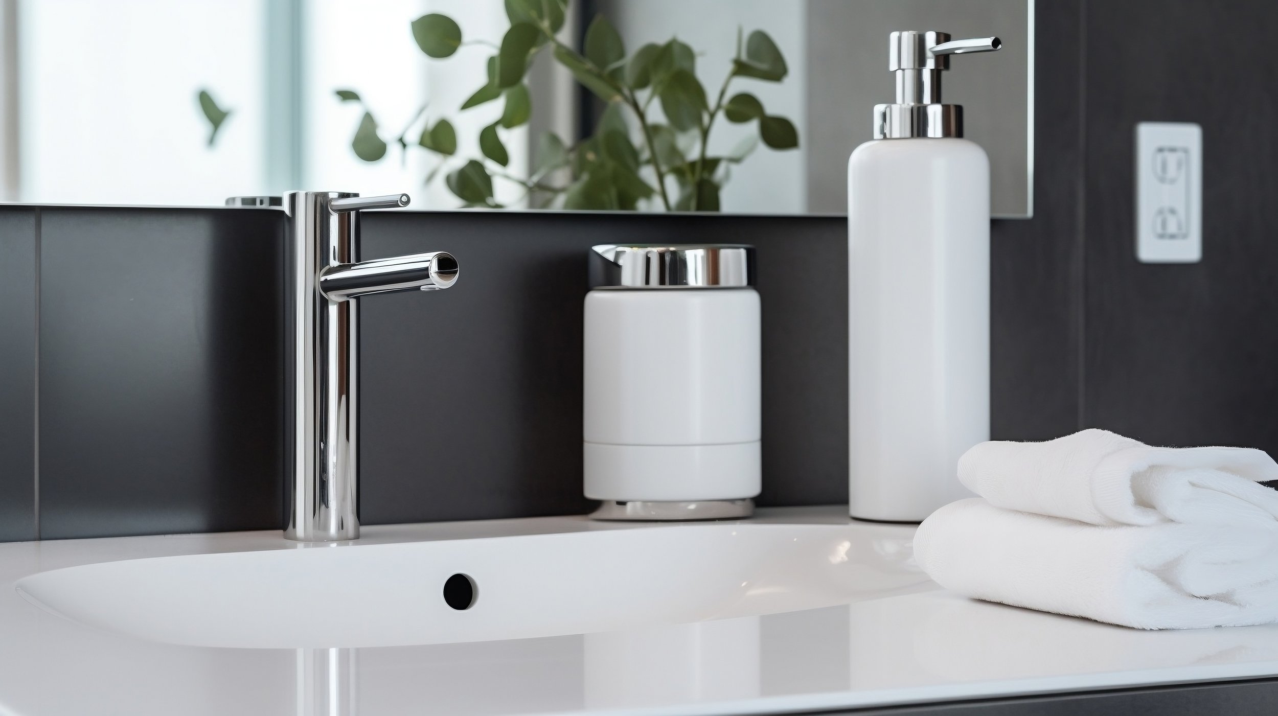 A minimalist bathroom sink with a chrome faucet, white soap dispenser, and folded towels.