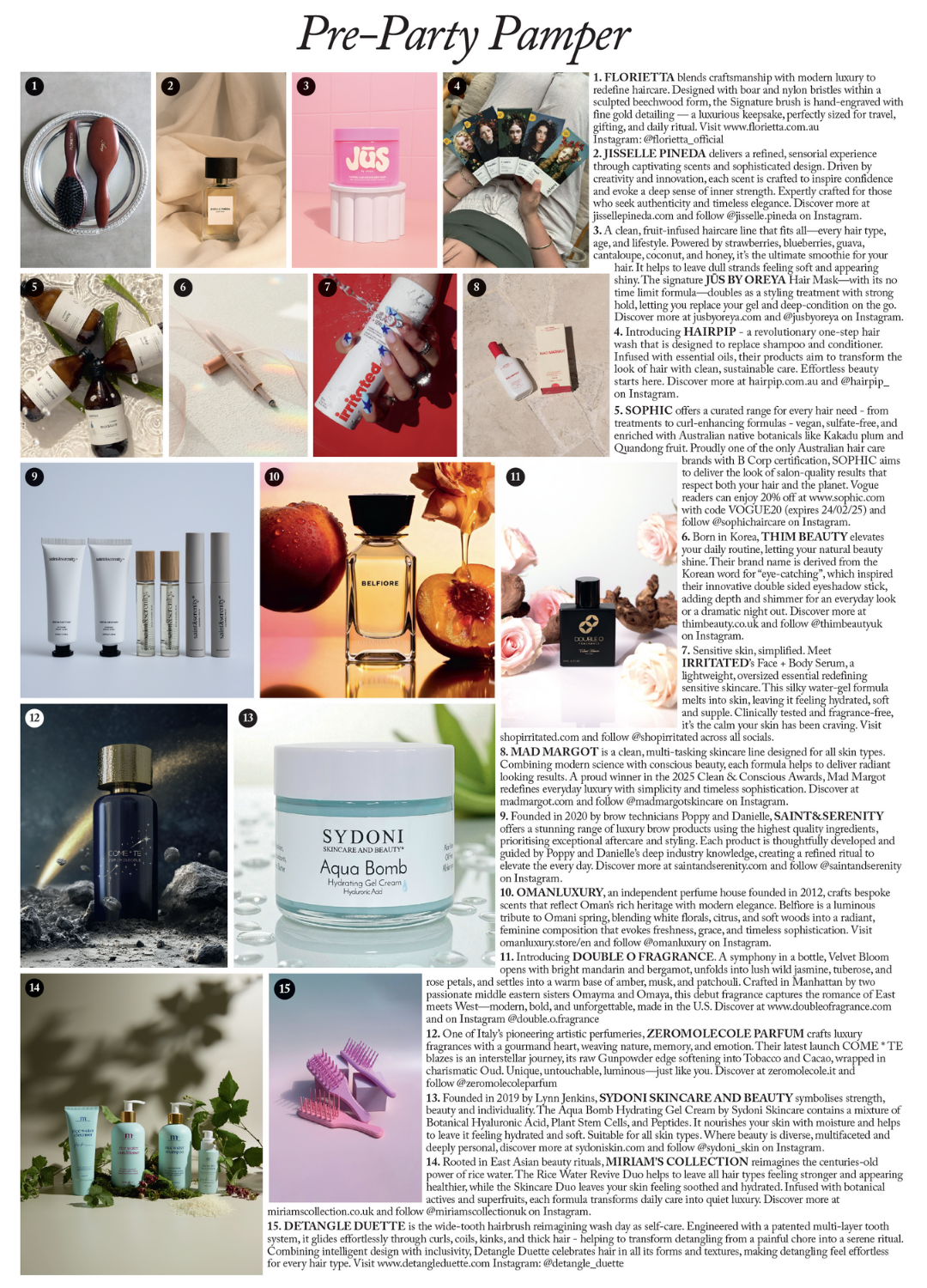A collage of beauty and skincare products, including perfumes, skincare bottles, creams, serums, and beauty tools, displayed on various surfaces with decorative elements like flowers and fruits.