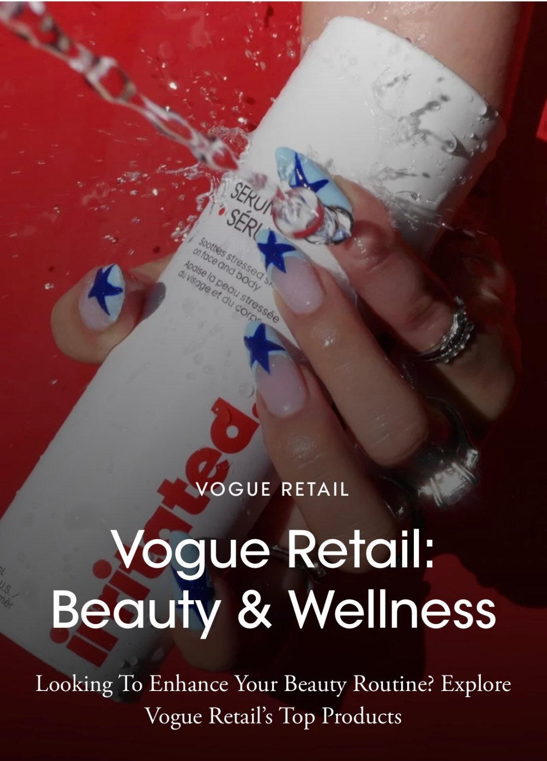 Person's hand holding a white bottle of skincare product under running water, with colorful star nail art and rings.