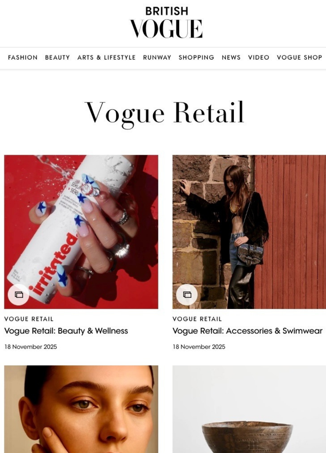 Screenshot of Vogue retail section with images of a skincare product and a woman in fashionable clothing, dated November 18, 2025.