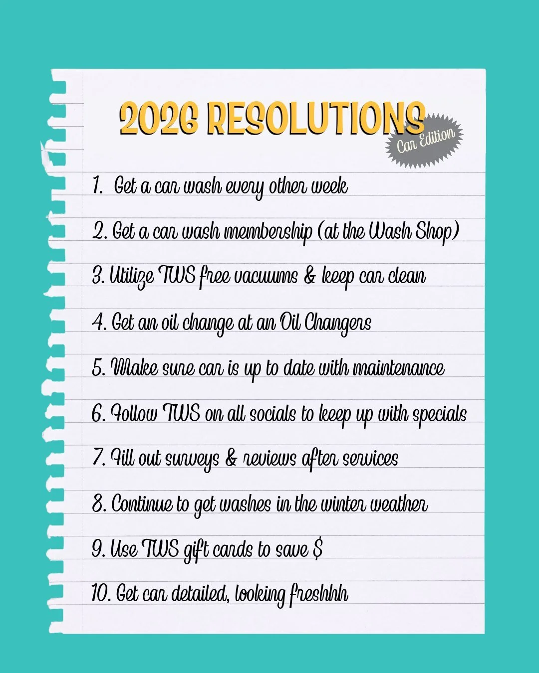 New year, new you! This year prioritizing your car is a MUST. So, here are some 2026 Car Resolutions to ensure your car is sparkling all the way into 2027! See you and your car soon 😆🚗✨🧼