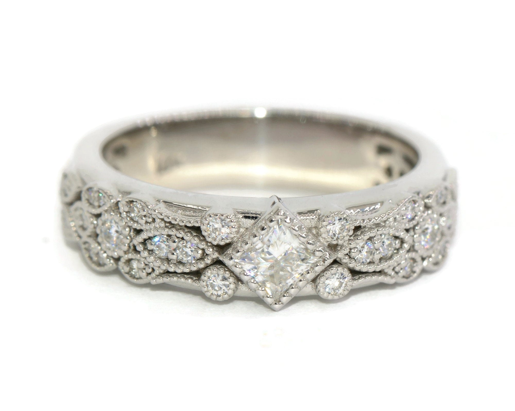 Lab Diamond Vintage Inspired Milgrain Pattern Princess Ring
