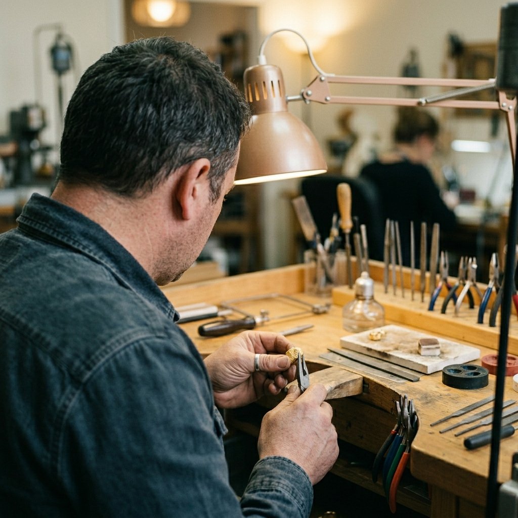 A person working on jewelry, using tools to shape or assemble a gold ring in a workshop filled with various jewelry-making supplies and equipment.