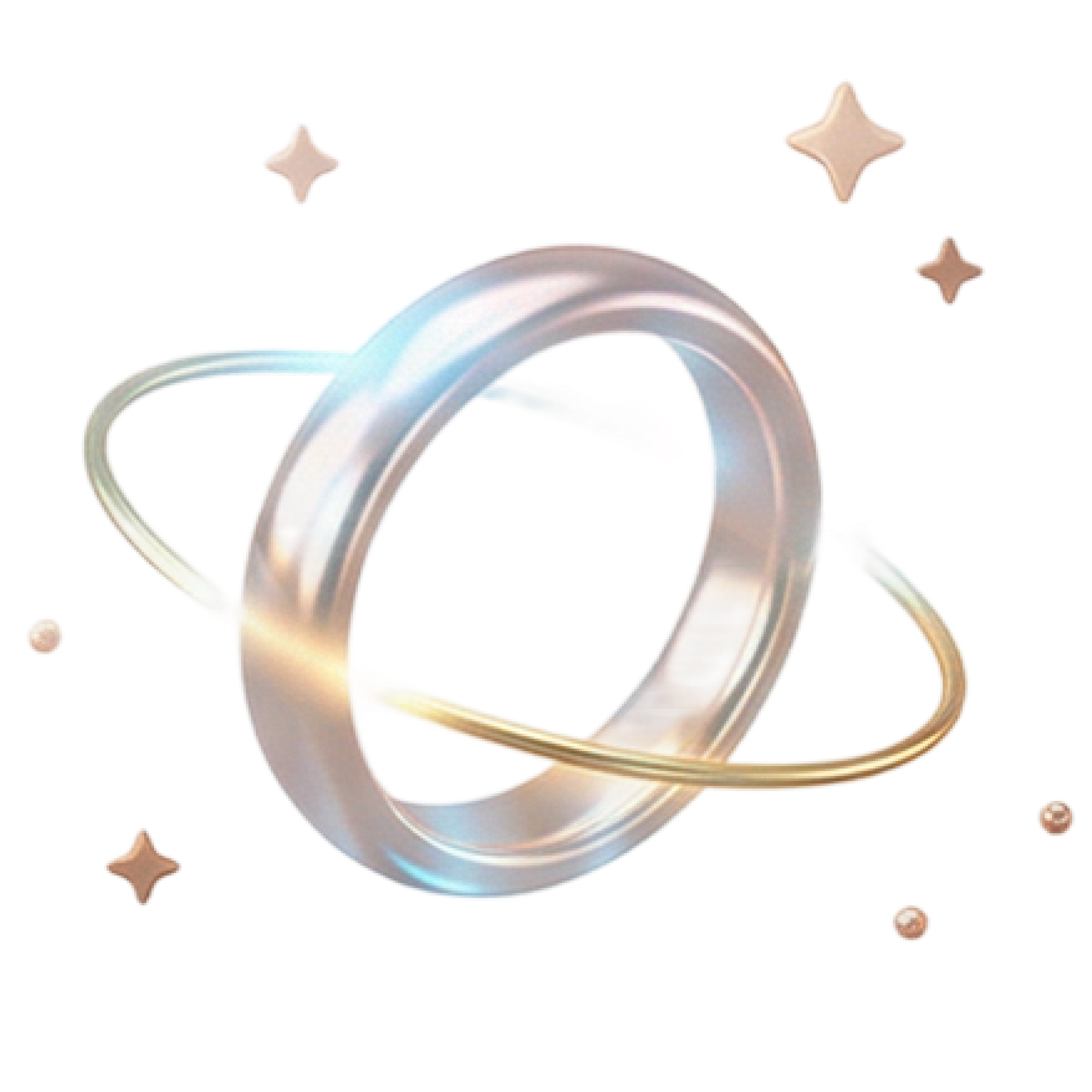 A metallic ring with an artful open design, surrounded by small decorative celestial shapes like stars and spheres, on a black background.