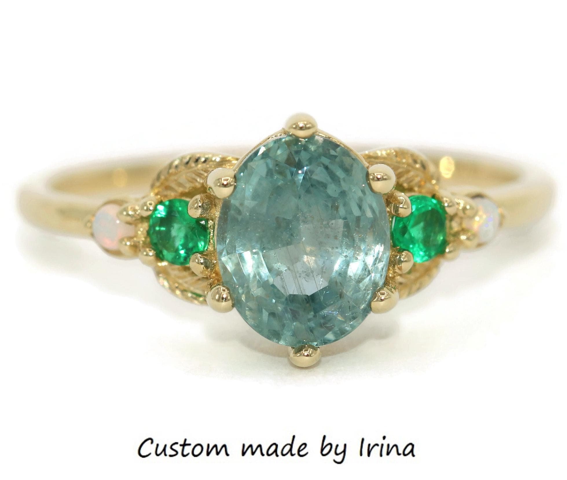 5 stone Hand Engraved Leaf Ring with Opals and Emeralds 14k Solid Gold, Setting ONLY
