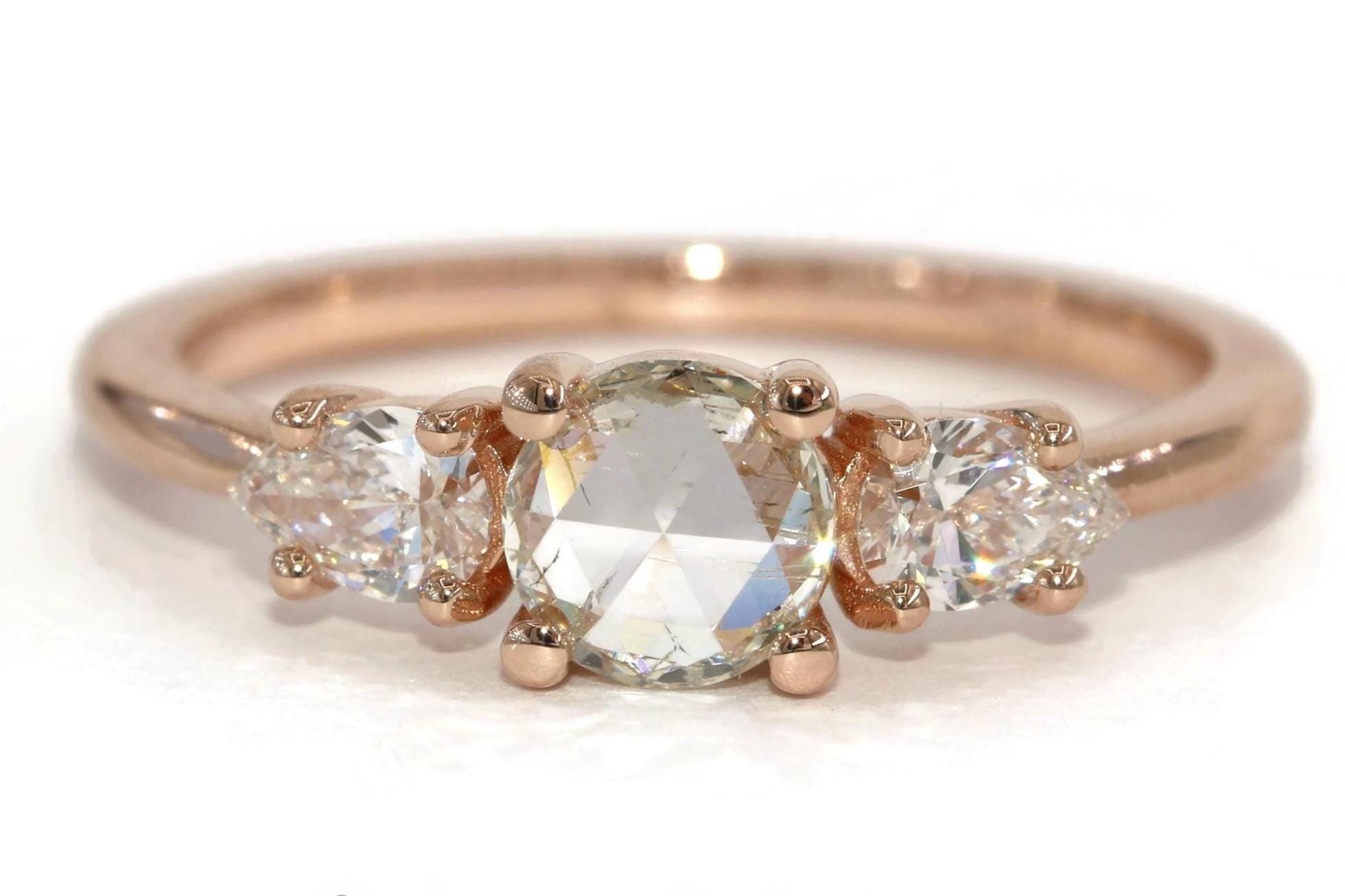 Custom Made Rose Cut Natural Diamond 3 Stone Engagement Ring