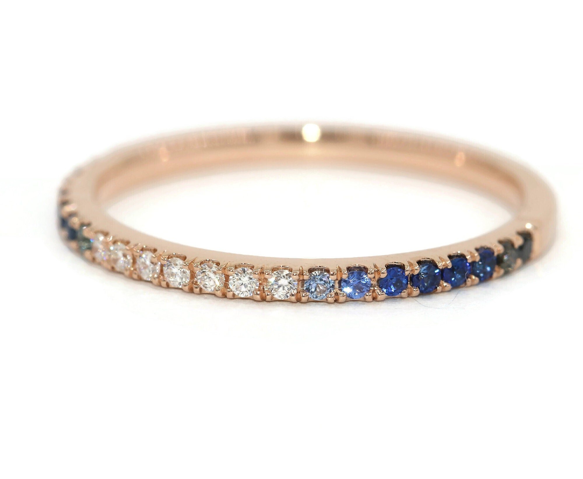 Ombre Blue Natural Sapphires and Diamonds Pave Wedding Ring